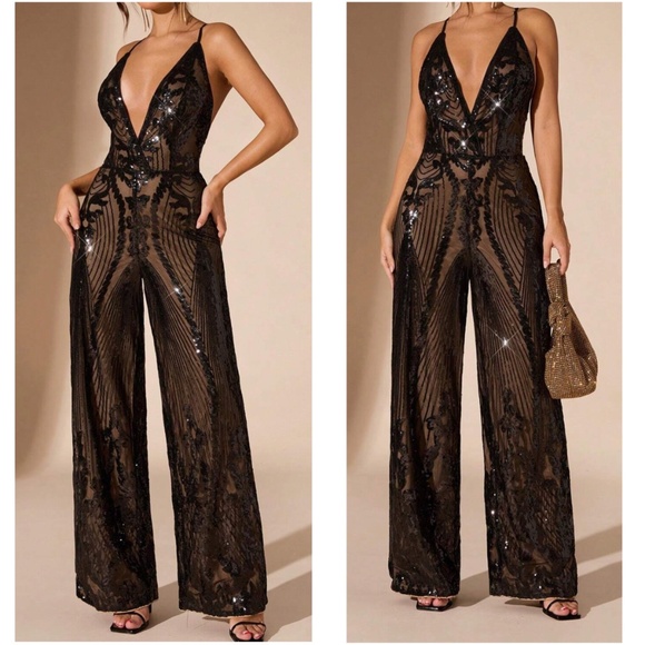 Luxe Sequin Plunging Neck Criss Cross Back Wide leg Jumpsuit - Picture 1 of 5